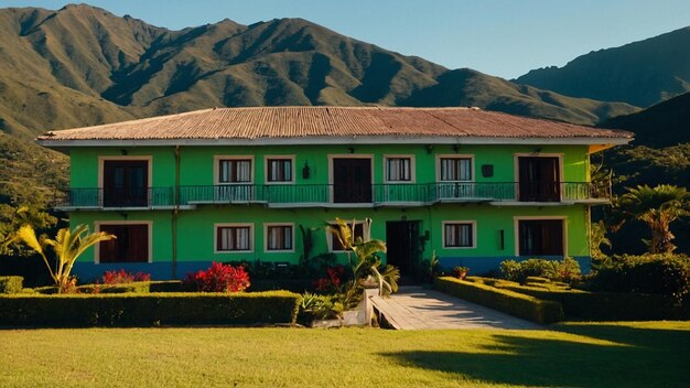 una casa verde con un balcón y un balcín con una montaña en el fondo