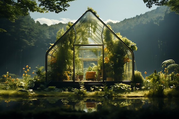 una casa verde en un campo con una hoja