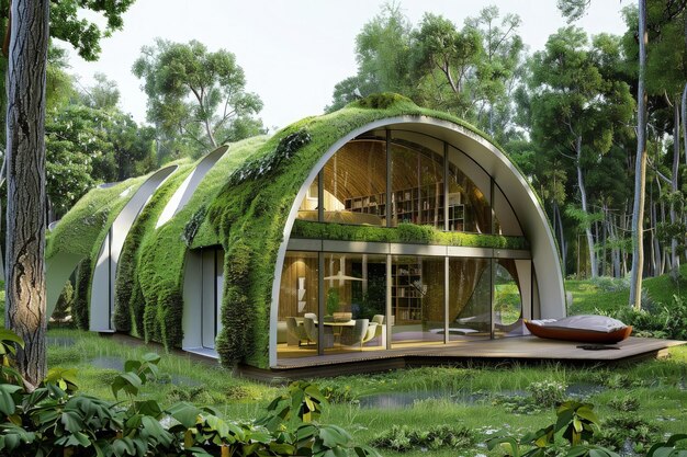 Una casa verde en medio de un bosque