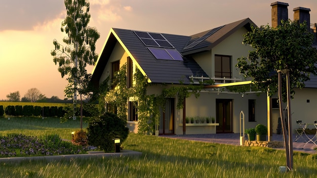 una casa verde con paneles solares en el techo