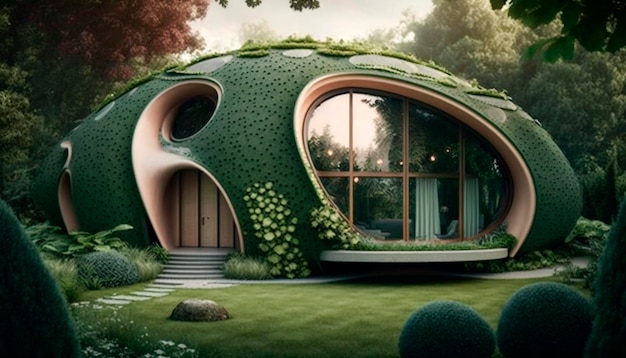 Una casa verde con un techo verde y un techo verde.