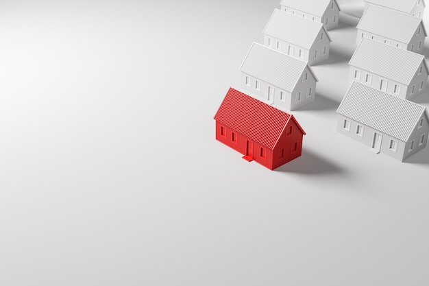 Casa vermelha aconchegante na frente de um grupo de casas brancas sobre fundo branco. Conceito de investimento imobiliário. Vista lateral com cópia cpace. Ilustração 3D render.