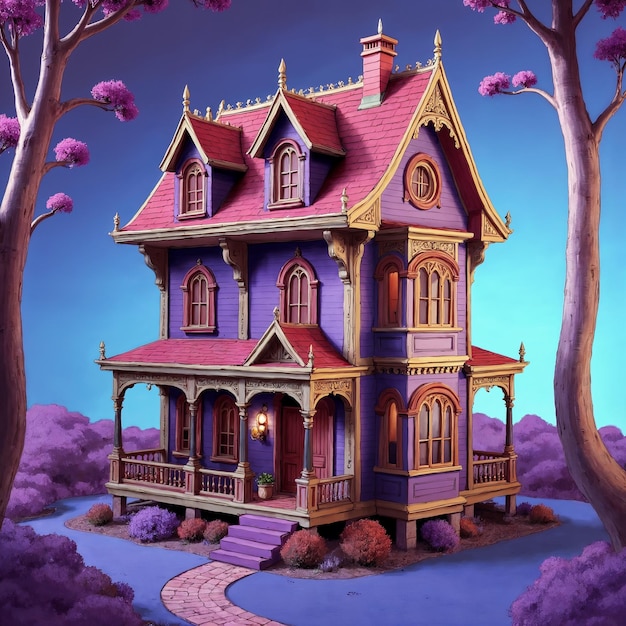 Casa victoriana caprichosa con techo rosa y exterior púrpura
