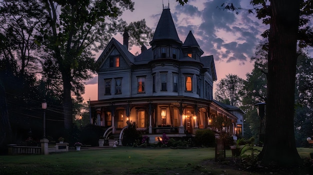 Casa victoriana iluminada al anochecer en estilo gótico del sur Para proporcionar una imagen de alta calidad y visualmente llamativa de una casa victoriana al anocherar perfecta