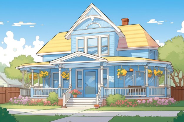 Foto casa victoriana con porche envolvente y fondo de cielo azul ilustración de estilo revista