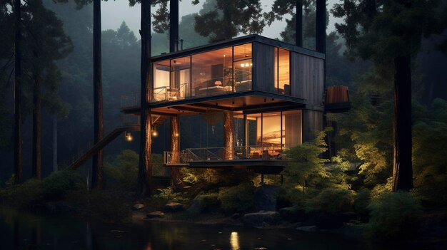 Casa de vidrio moderna en un bosque al anochecer con arquitectura contemporánea con un interior cálido