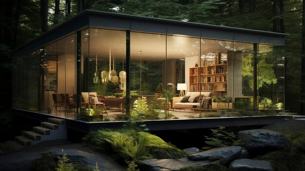 Casa de vidrio moderna en un entorno forestal al anochecer que muestra una arquitectura sostenible