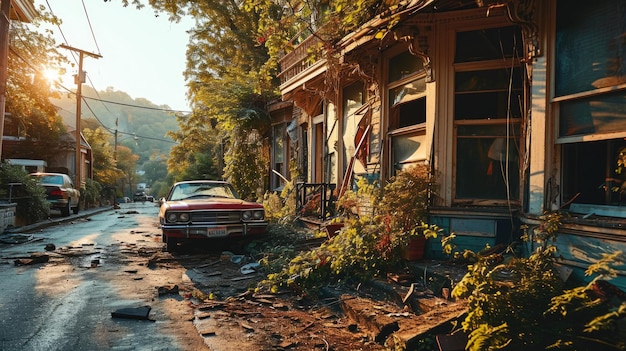 Foto casa vieja abandonada con coche clásico en medio de la calle sunset