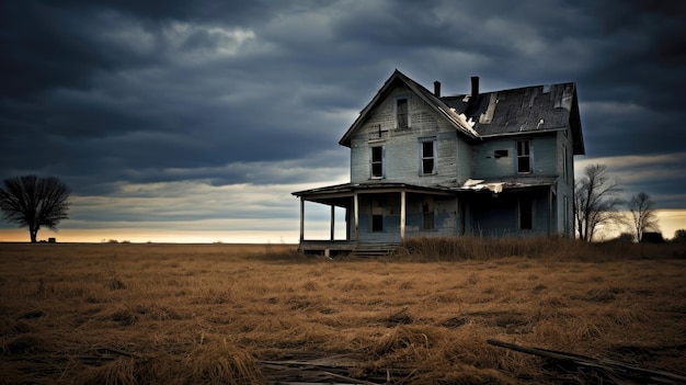 Casa vieja abandonada y dañada en un campo