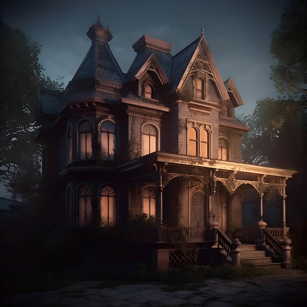 Casa vieja en un bosque oscuro y brumoso Ilustración en 3D