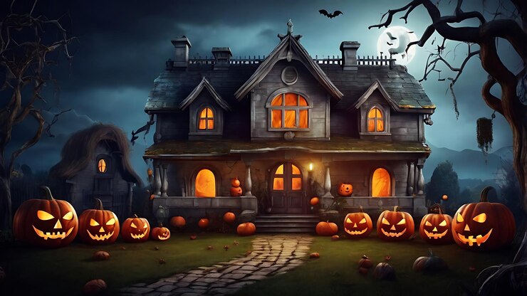Casa vieja con calabazas de Halloween en el jardín de otoño