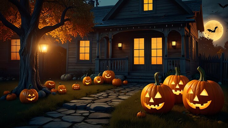Casa vieja con calabazas de Halloween en el jardín de otoño