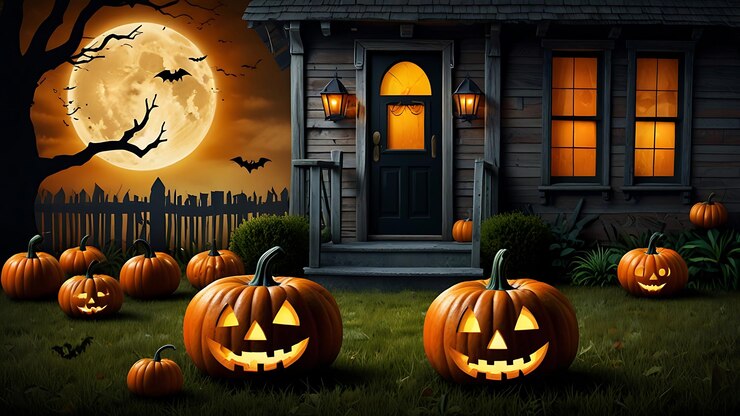 Casa vieja con calabazas de Halloween en el jardín de otoño