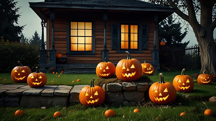 Casa vieja con calabazas de Halloween en el jardín de otoño