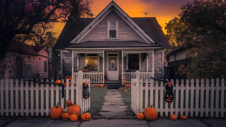 Casa vieja con calabazas de Halloween en el jardín de otoño