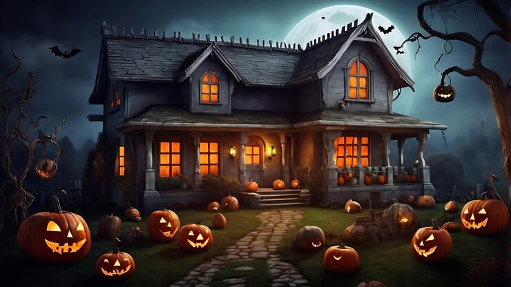 Casa vieja con calabazas de Halloween en el jardín de otoño