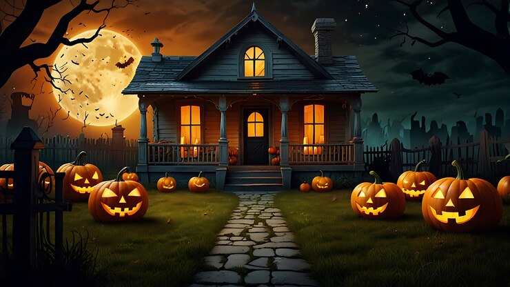 Casa vieja con calabazas de Halloween en el jardín de otoño