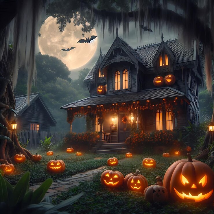 Casa vieja con calabazas de Halloween en el jardín