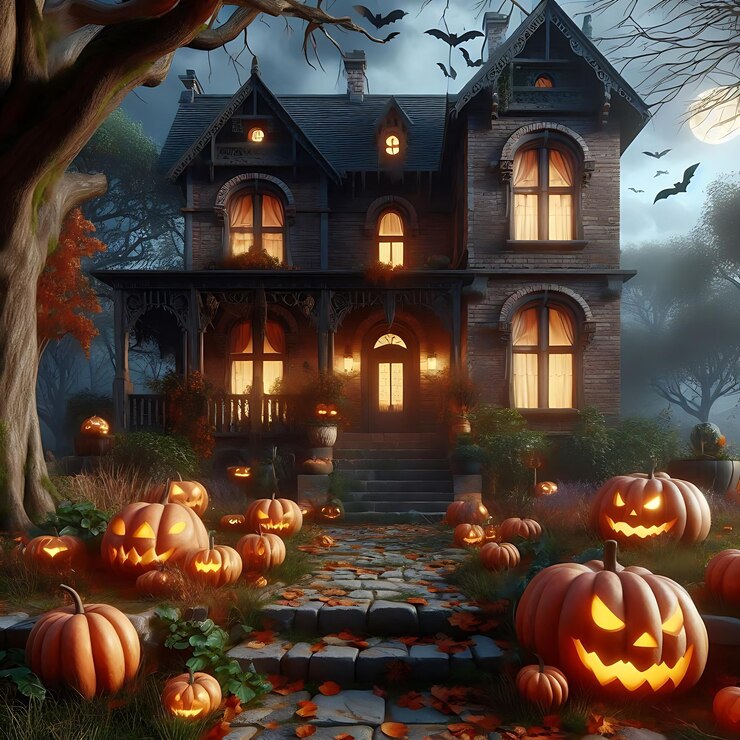 Casa vieja con calabazas de Halloween en el jardín