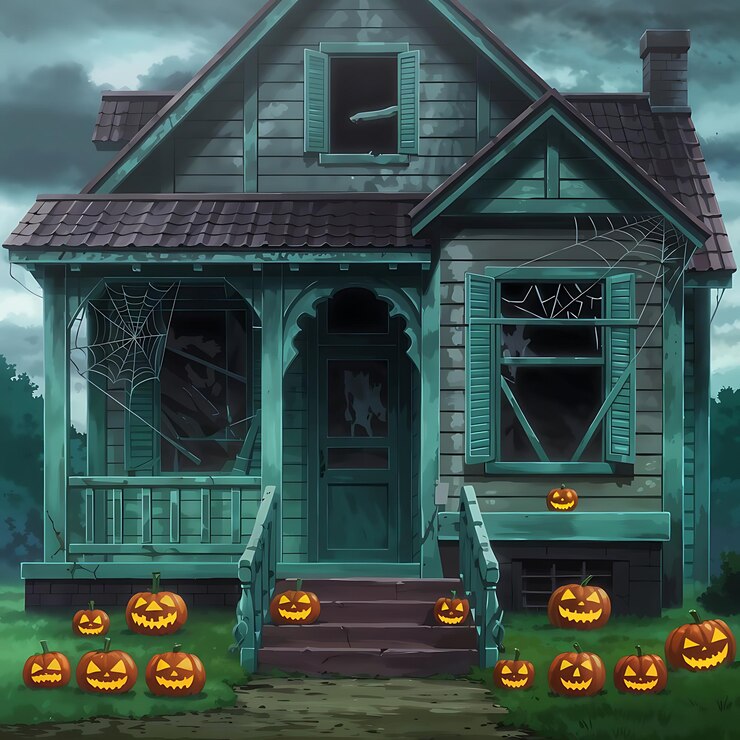 Casa vieja con calabazas de Halloween en el jardín