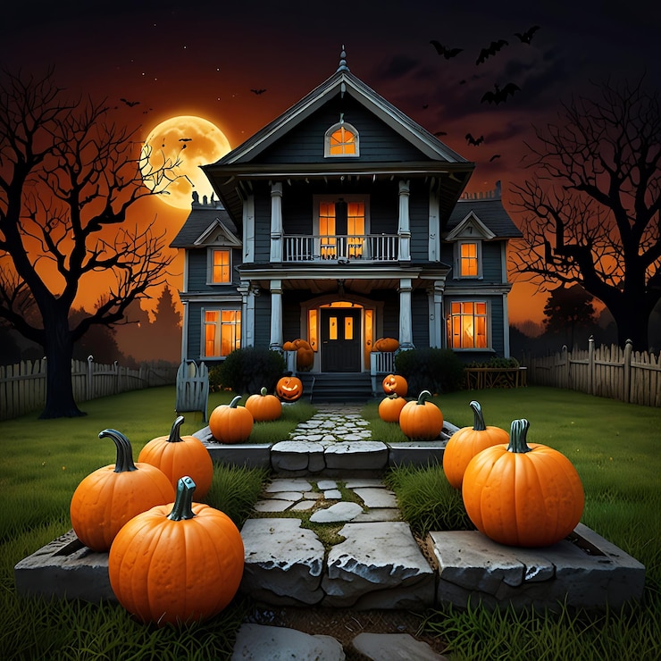 Casa vieja con calabazas de Halloween en el jardín