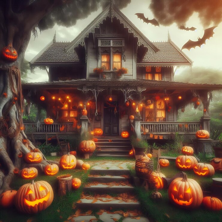 Casa vieja con calabazas de Halloween en el jardín