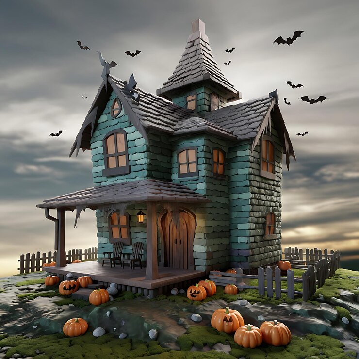 Casa vieja con calabazas de Halloween en el jardín