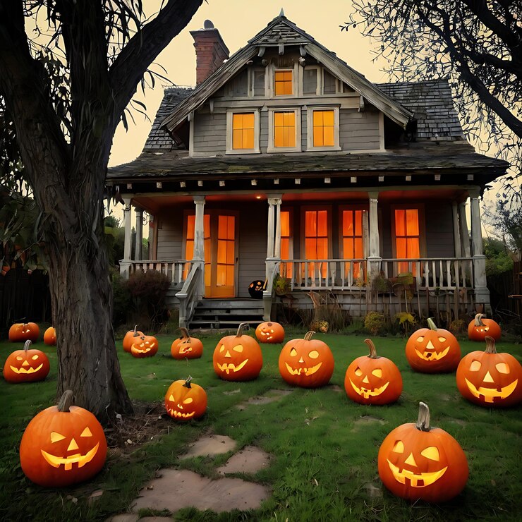 Casa vieja con calabazas de Halloween en el jardín