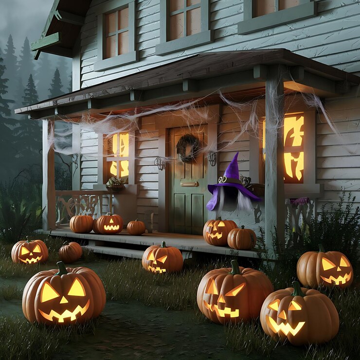 Casa vieja con calabazas de Halloween en el jardín