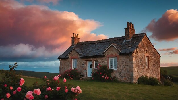 Casa vieja en el campo con rosas rosas y cielo azul con nubes