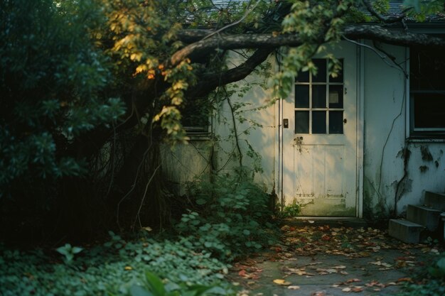 Foto una casa vieja con una puerta y un árbol delante de ella