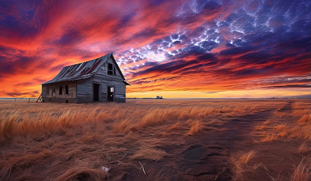 una casa vieja con una puesta de sol en el fondo