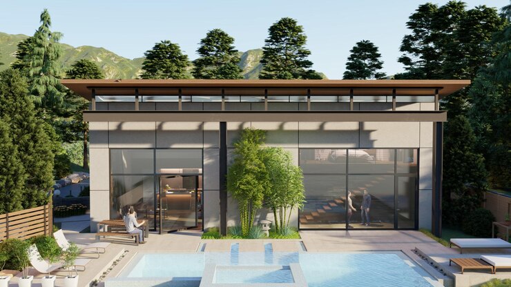 Casa de villa de piscina de diseño exterior realista 3d Foto Premium