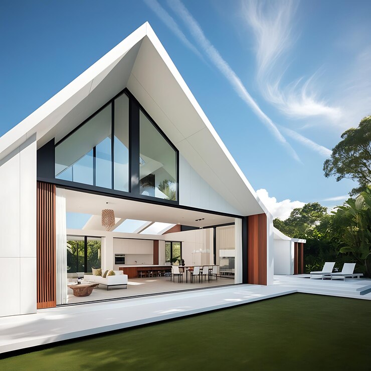 una casa con una vista al exterior y una terraza que tiene una vista de los árboles y el cielo
