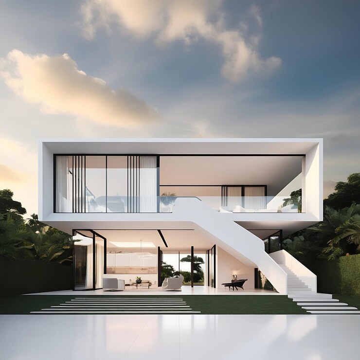 una casa con una vista de los árboles y el cielo