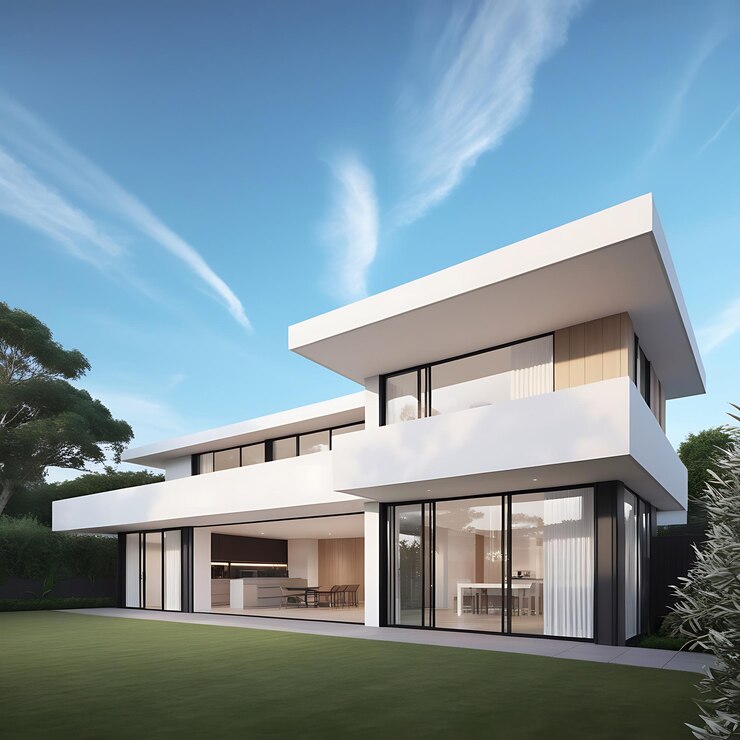 una casa con una vista del exterior y el cielo es azul