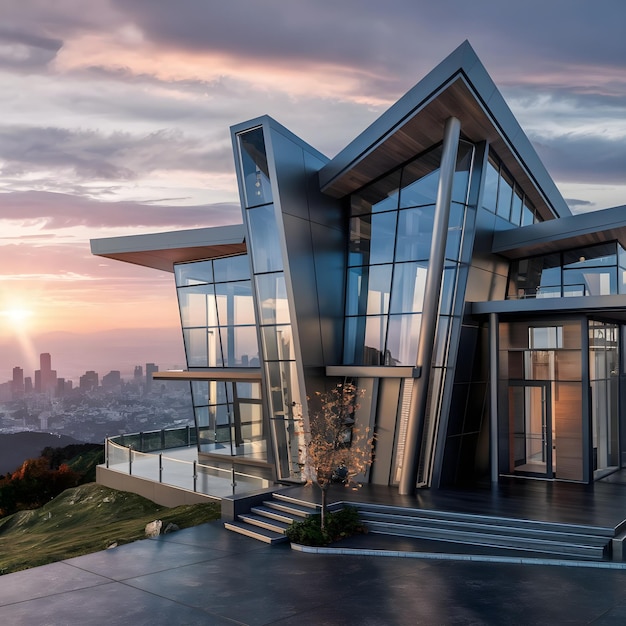 una casa con una vista del horizonte de la ciudad en el fondo