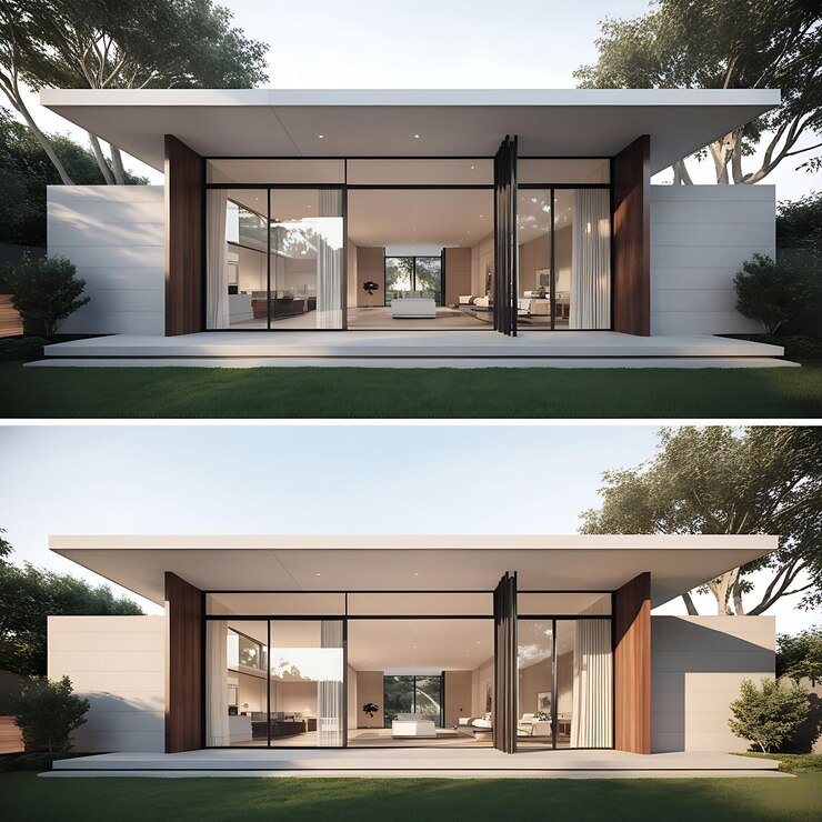una casa con una vista del patio trasero y las ventanas abiertas al patio detrás