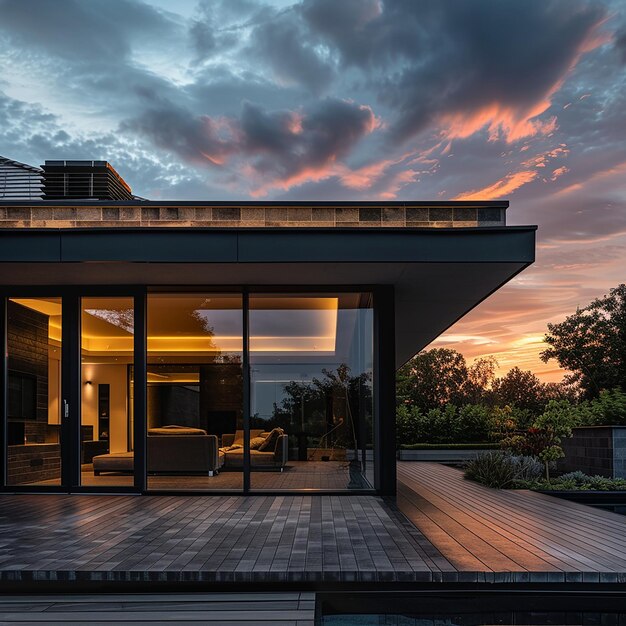 una casa con una vista de la puesta de sol y el cielo