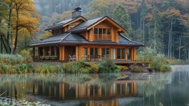 Casa con vistas al lago rodeada de árboles