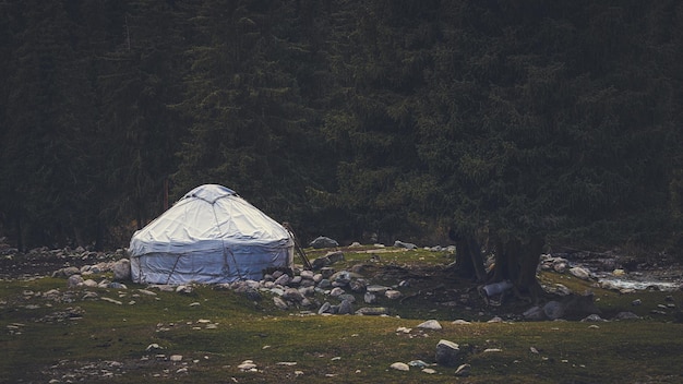 Foto casa yurt tradicional cercada por belas florestas de coníferas e montanhas no outono