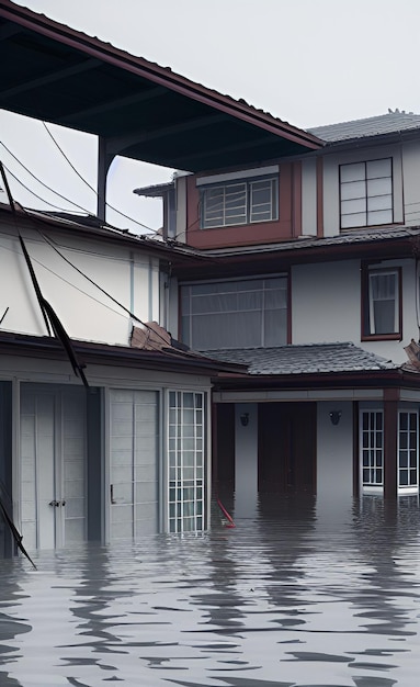Una casa en zona inundada con un cartel que dice 'casa a la izquierda'