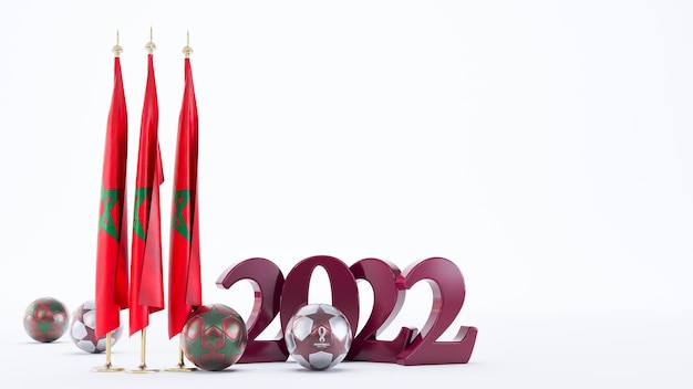 Casablanca Marokko 21. Oktober 2022 Fußball mit der Flagge von Marokko und Text 2022 auf weißem Hintergrund Turnierdesignkonzept 3D-Rendering