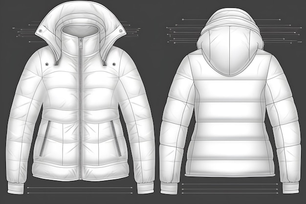 Foto casaco puffer branco de inverno para baixo jaqueta acolchoada feminina oversized esboço técnico modelo de maquete generative ai