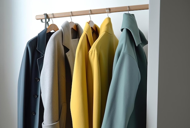 casacos masculinos pendurados em cabides em um armário