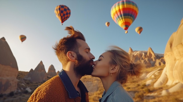 Casais apaixonados Casal de turistas, uma mulher e um cara no fundo de um balão de ar quente na Capadócia Conceito de IA generativa férias de aventura na Turquia