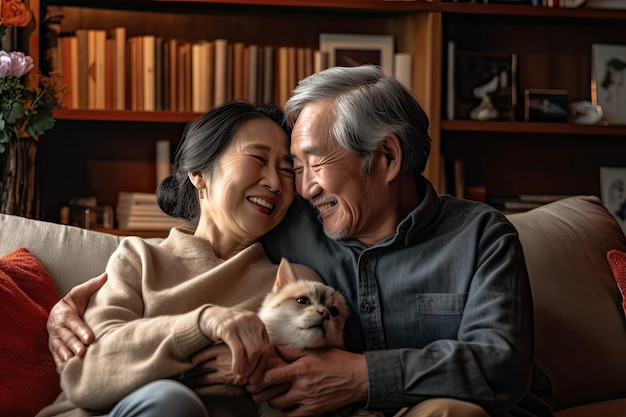 Casais asiáticos idosos cuidam um do outro juntos na sala de estar.
