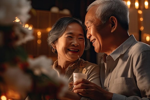 Casais asiáticos idosos cuidam um do outro juntos na sala de estar.