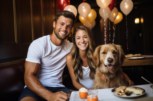 Casais comemorando uma festa de aniversário para seu cachorro Generative AI