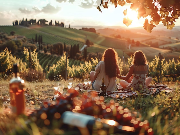 Casais desfrutando de um piquenique romântico nos vinhedos de Tusca vizinho férias fundo criativo